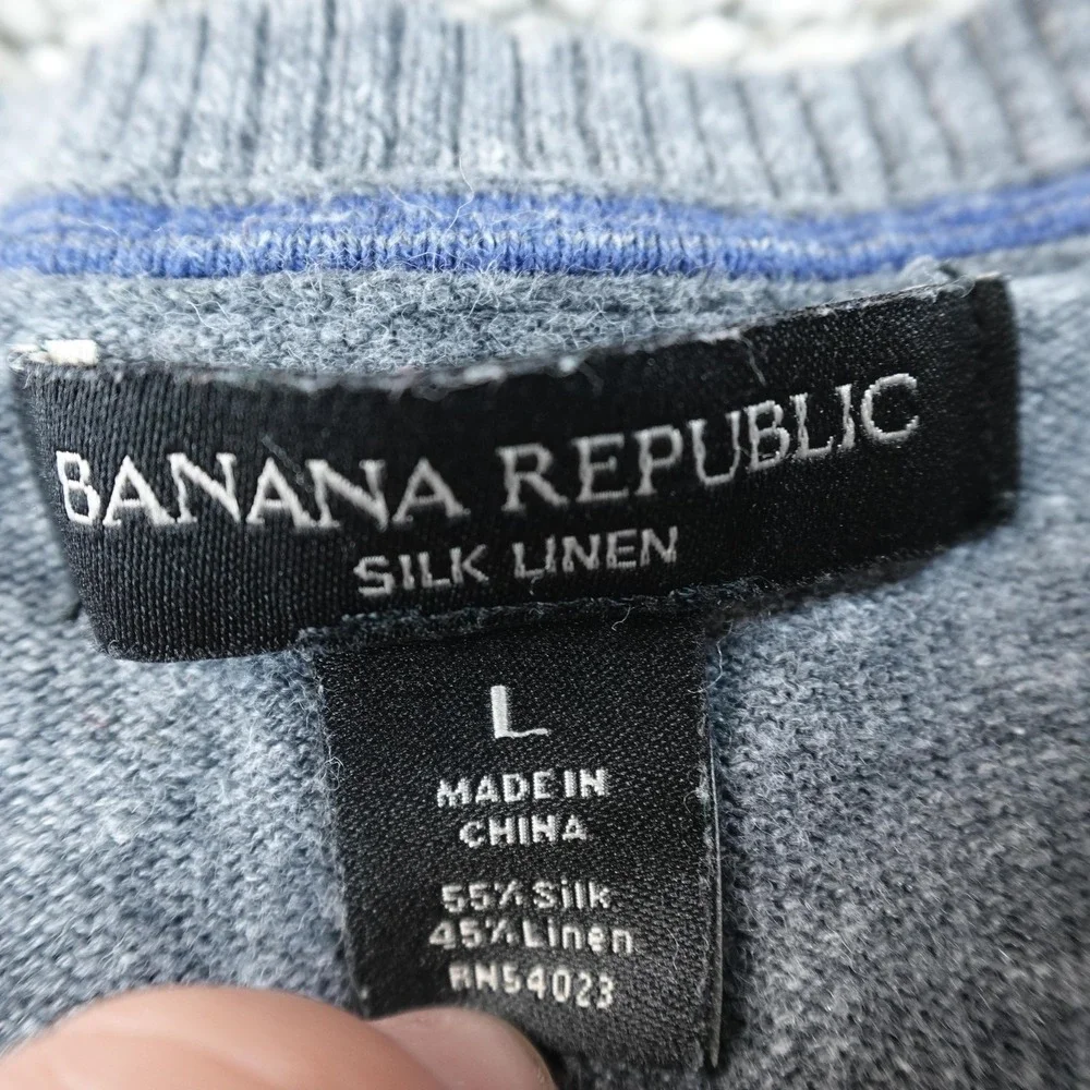 Banana Republic Sweater‎ Mens L Gray Silk Linen V Neck Knit Pullover Lightweight